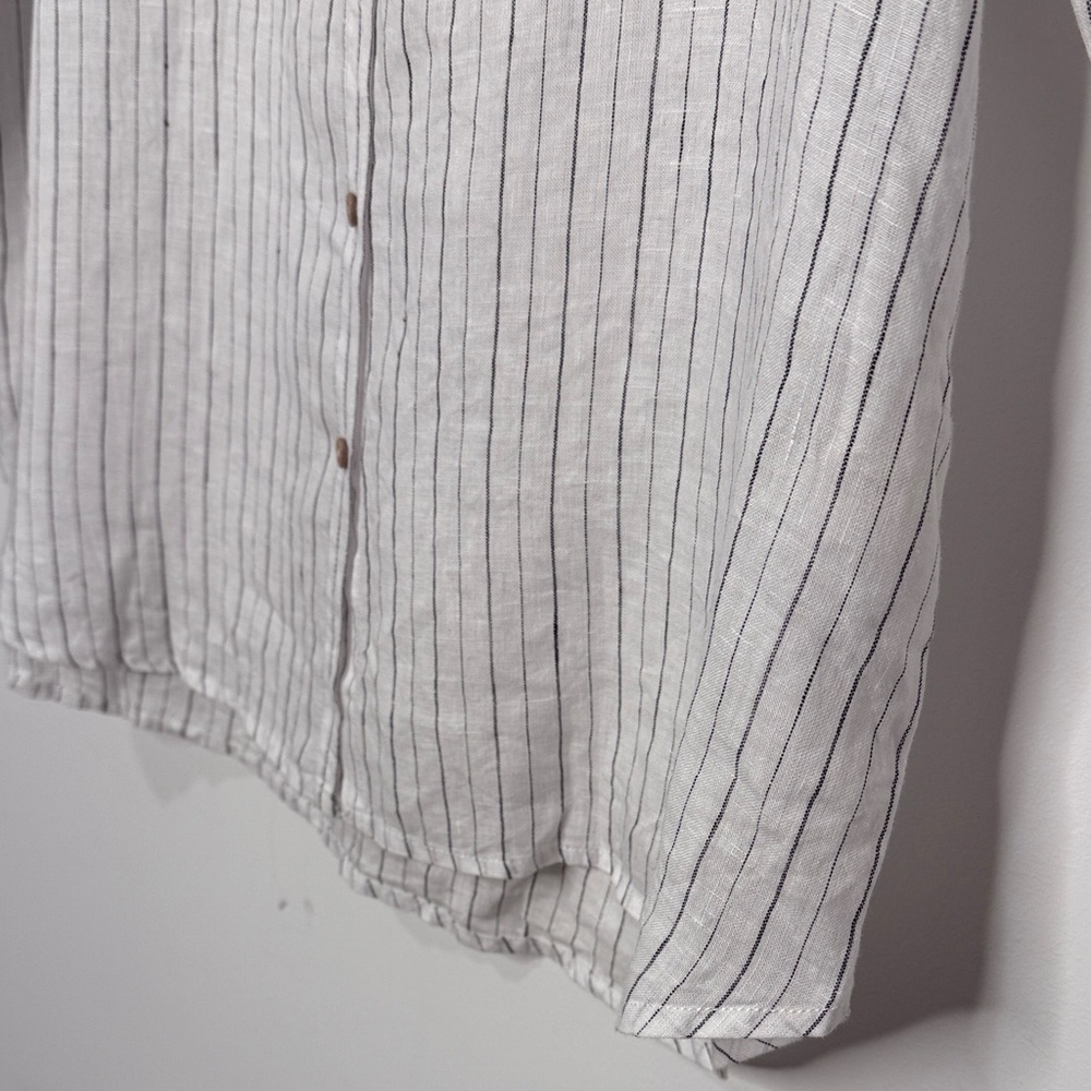 100% linen Striped White and Brown Button-Up Shirt - Picture 4 of 11